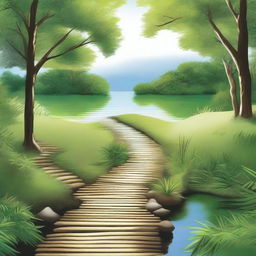 Create an image showing a serene path leading to a large body of water, symbolizing the journey to true freedom