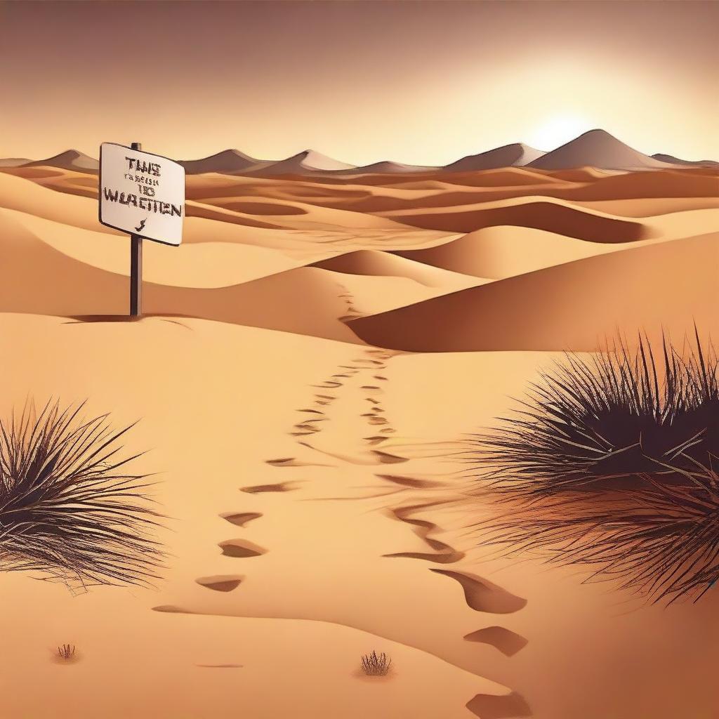 Create an image showing a path leading out of a vast desert, heading towards a large, refreshing body of water