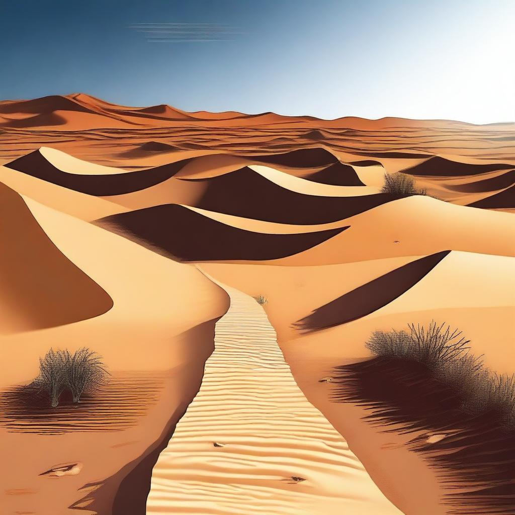 Create an image showing a path leading out of a vast desert, heading towards a large, refreshing body of water