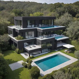 A modern three-story villa painted in shades of black and gray, boasting a vast yard replete with a lush garden and mature trees, alongside a four-season pool majestically placed in the midst of the verdant plain.