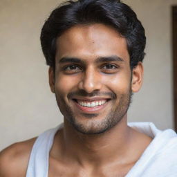 A handsome Malayali man in his early 20s, featuring a perfect smile, beautiful eyes, and a sharp jawline. He is adorned with bhasmam on his forehead and neck, exhibiting a fit body and is shirtless with a white traditional cloth wrapped around his lower body