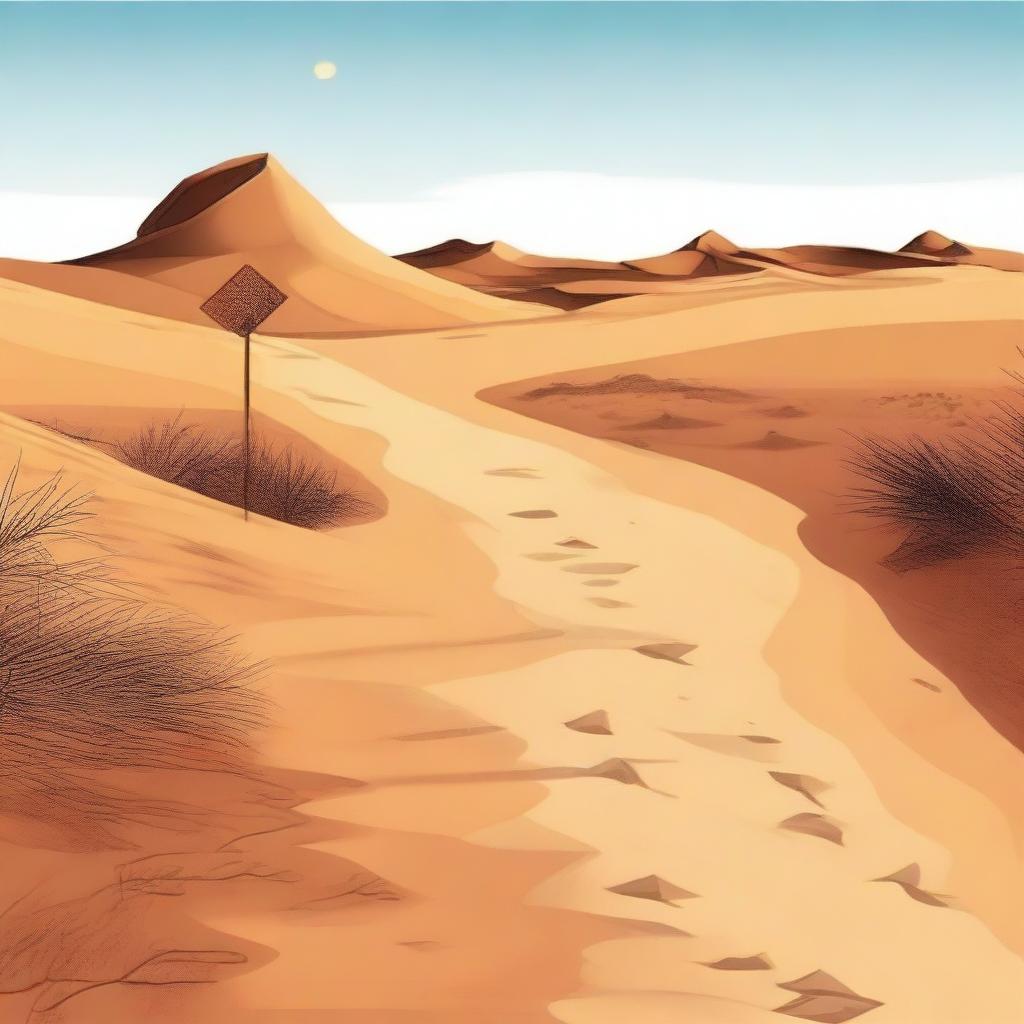 Create an image depicting a path leading from a vast, arid desert towards a large, life-giving body of water