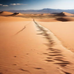 Create an image depicting a path leading from a vast, arid desert towards a large, life-giving body of water