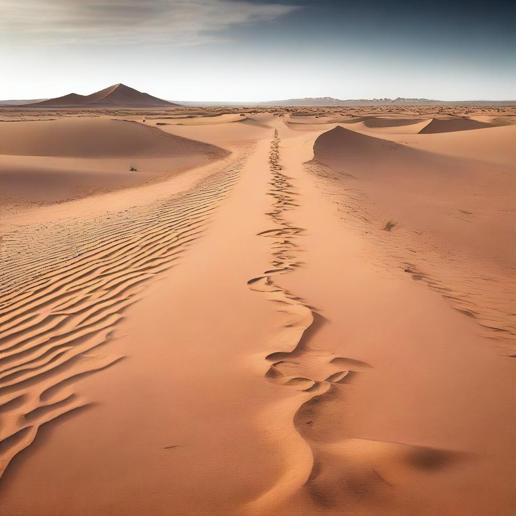 Create an image depicting a path leading from a vast, arid desert towards a large, life-giving body of water