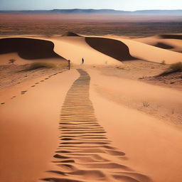 Create an image depicting a path leading from a vast, arid desert towards a large, life-giving body of water