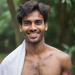 A handsome Malayali man in his early 20s, featuring a perfect smile, beautiful eyes, and a sharp jawline. He is adorned with bhasmam on his forehead and neck, exhibiting a fit body and is shirtless with a white traditional cloth wrapped around his lower body