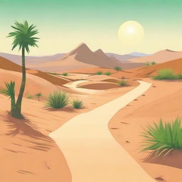 Create an image depicting a path leading from a vast, arid desert towards a lush oasis