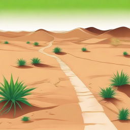 Create an image depicting a path leading from a vast, arid desert towards a lush oasis