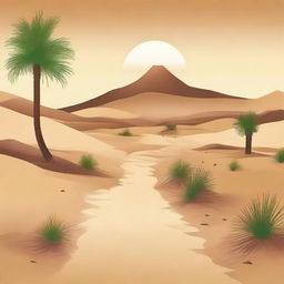 Create an image depicting a path leading from a vast, arid desert towards a lush oasis