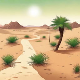 Create an image depicting a path leading from a vast, arid desert towards a lush oasis