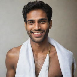 A handsome Malayali man in his early 20s, featuring a perfect smile, beautiful eyes, and a sharp jawline. He is adorned with bhasmam on his forehead and neck, exhibiting a fit body and is shirtless with a white traditional cloth wrapped around his lower body