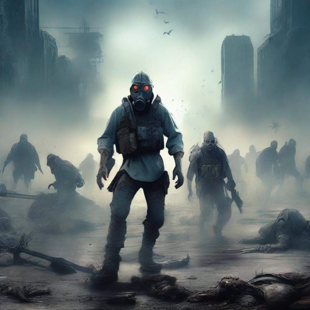 Generate an image depicting a post-apocalyptic war scene with zombies