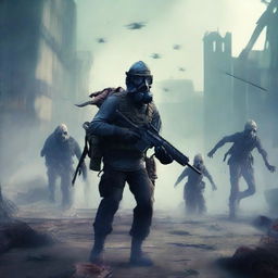 Generate an image depicting a post-apocalyptic war scene with zombies