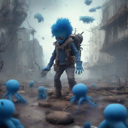 Create an image depicting a post-apocalyptic war scene with blue fungus growing everywhere