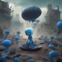 Create an image depicting a post-apocalyptic war scene with blue fungus growing everywhere