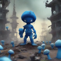 Create an image depicting a post-apocalyptic war scene with blue fungus growing everywhere