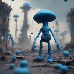 Create an image depicting a post-apocalyptic war scene with blue fungus growing everywhere