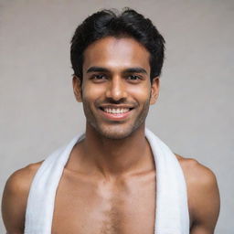 A handsome Malayali man in his early 20s, featuring a perfect smile, beautiful eyes, and a sharp jawline. He is adorned with bhasmam on his forehead and neck, exhibiting a fit body and is shirtless with a white traditional cloth wrapped around his lower body