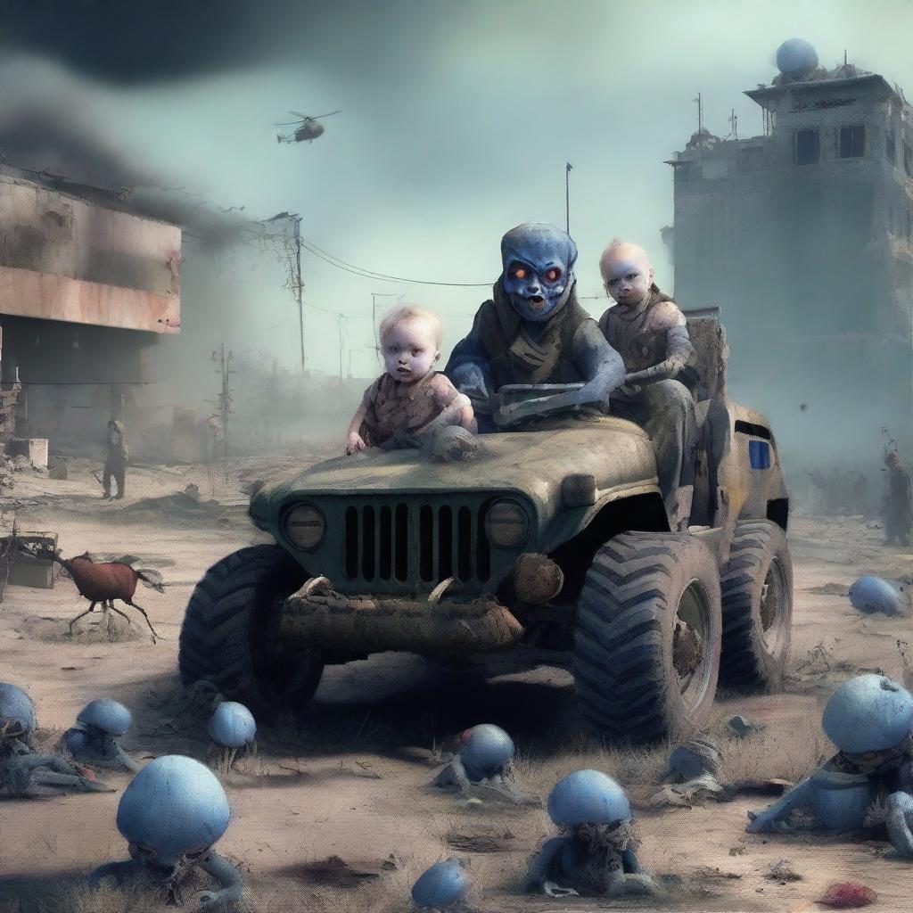 Generate an image depicting a post-apocalyptic war scene with a baby having zombie eyes