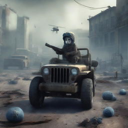 Generate an image depicting a post-apocalyptic war scene with a baby having zombie eyes