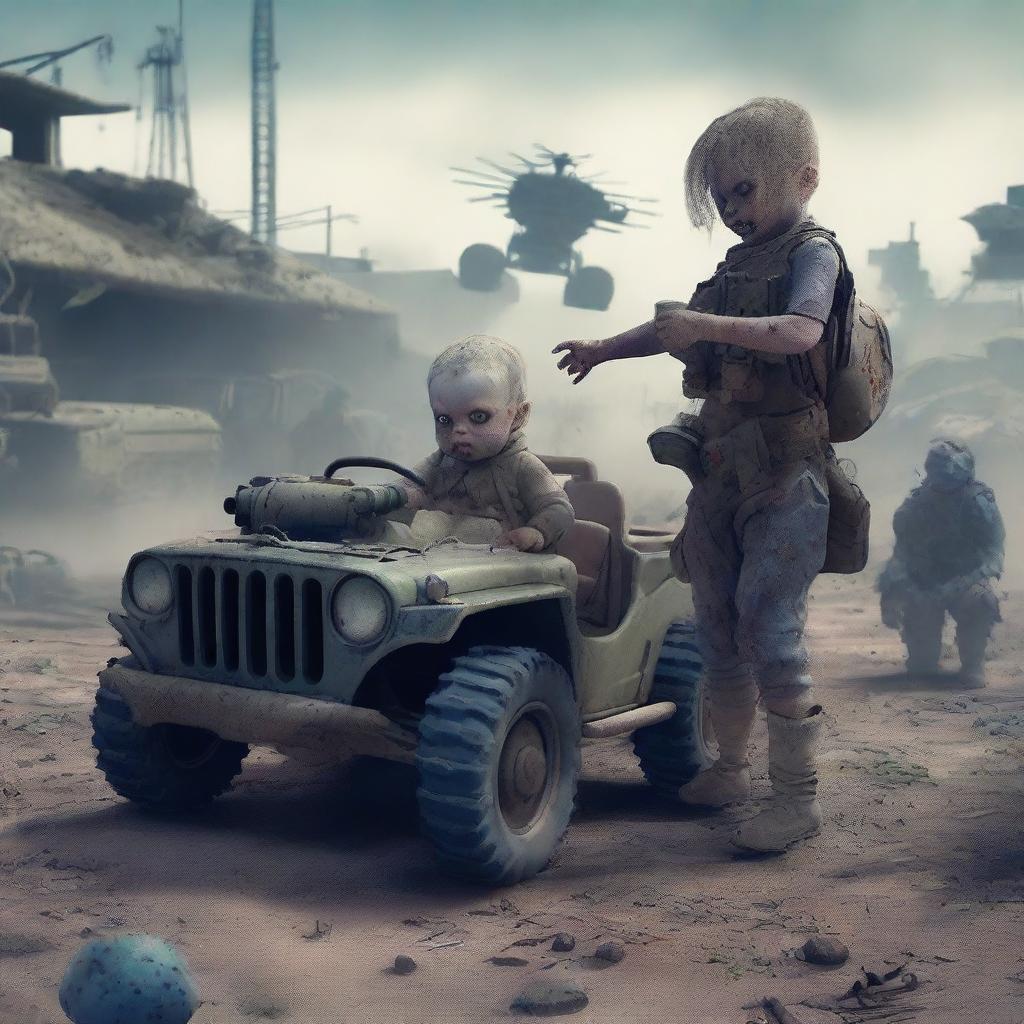 Generate an image depicting a post-apocalyptic war scene with a baby having zombie eyes