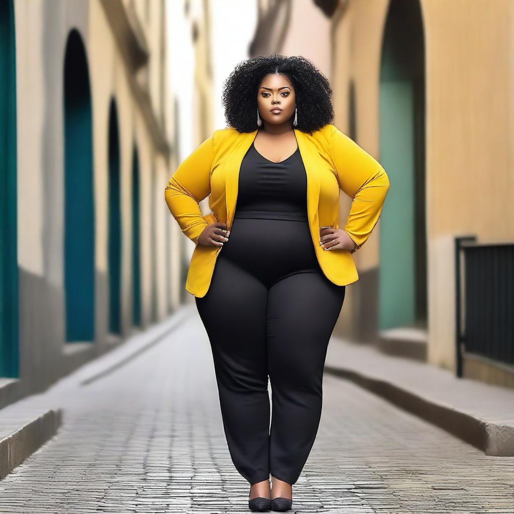 A large woman with a confident expression on her face, standing tall and proud in an urban environment