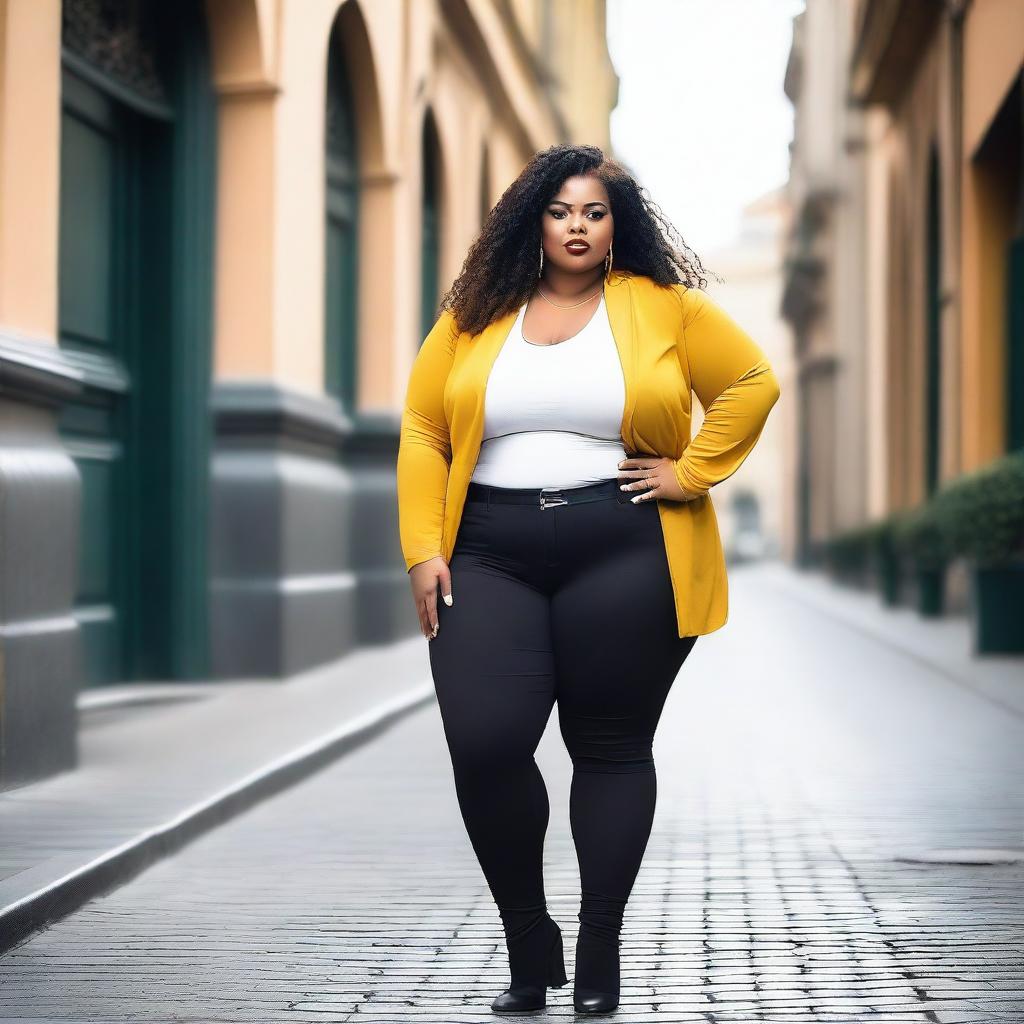 A large woman with a confident expression on her face, standing tall and proud in an urban environment