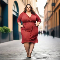 A large woman with a confident expression on her face, standing tall and proud in an urban environment