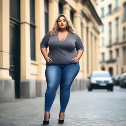 A large woman with a confident expression on her face, standing tall and proud in an urban environment