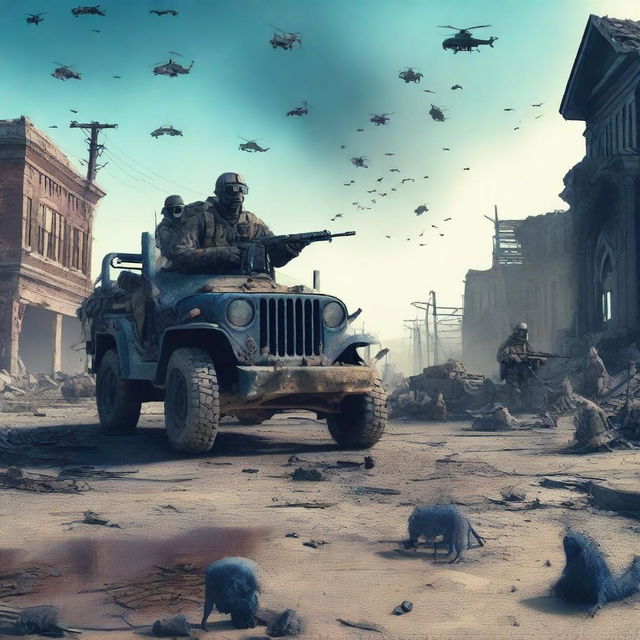 Generate an image depicting a post-apocalyptic war scene