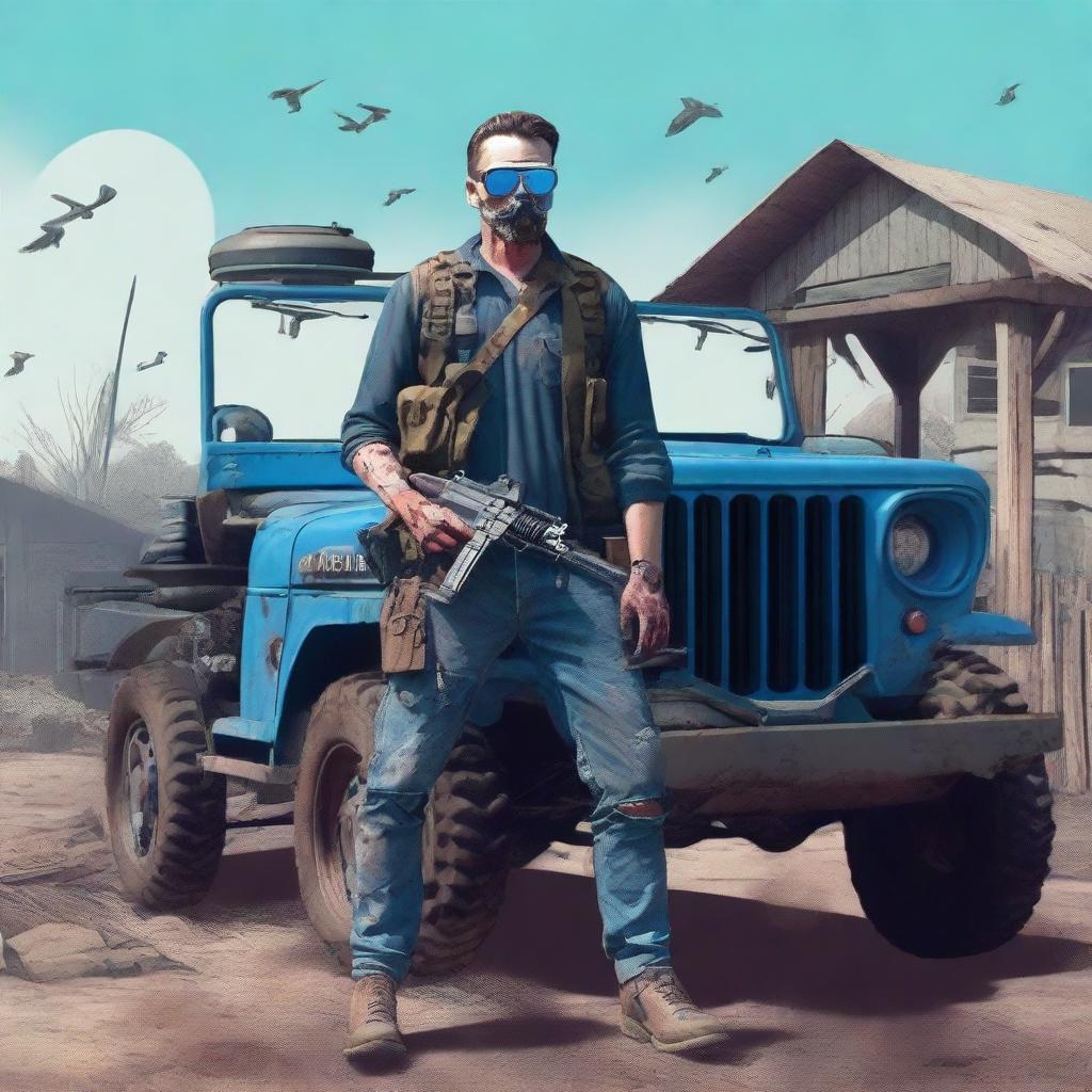 Generate an image of a post-zombie apocalypse scene featuring a redneck character with aviator sunglasses and a pistol