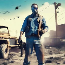 Generate an image of a post-zombie apocalypse scene featuring a redneck character with aviator sunglasses and a pistol