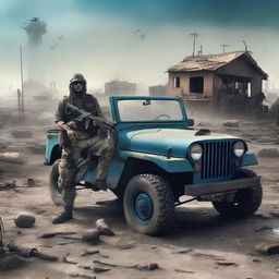 Generate an image depicting a post-apocalyptic war scene