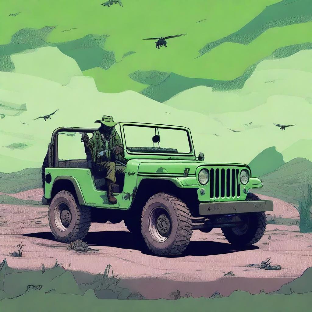 Generate an image depicting a post-apocalyptic war scene with a cowboy character and a green jeep