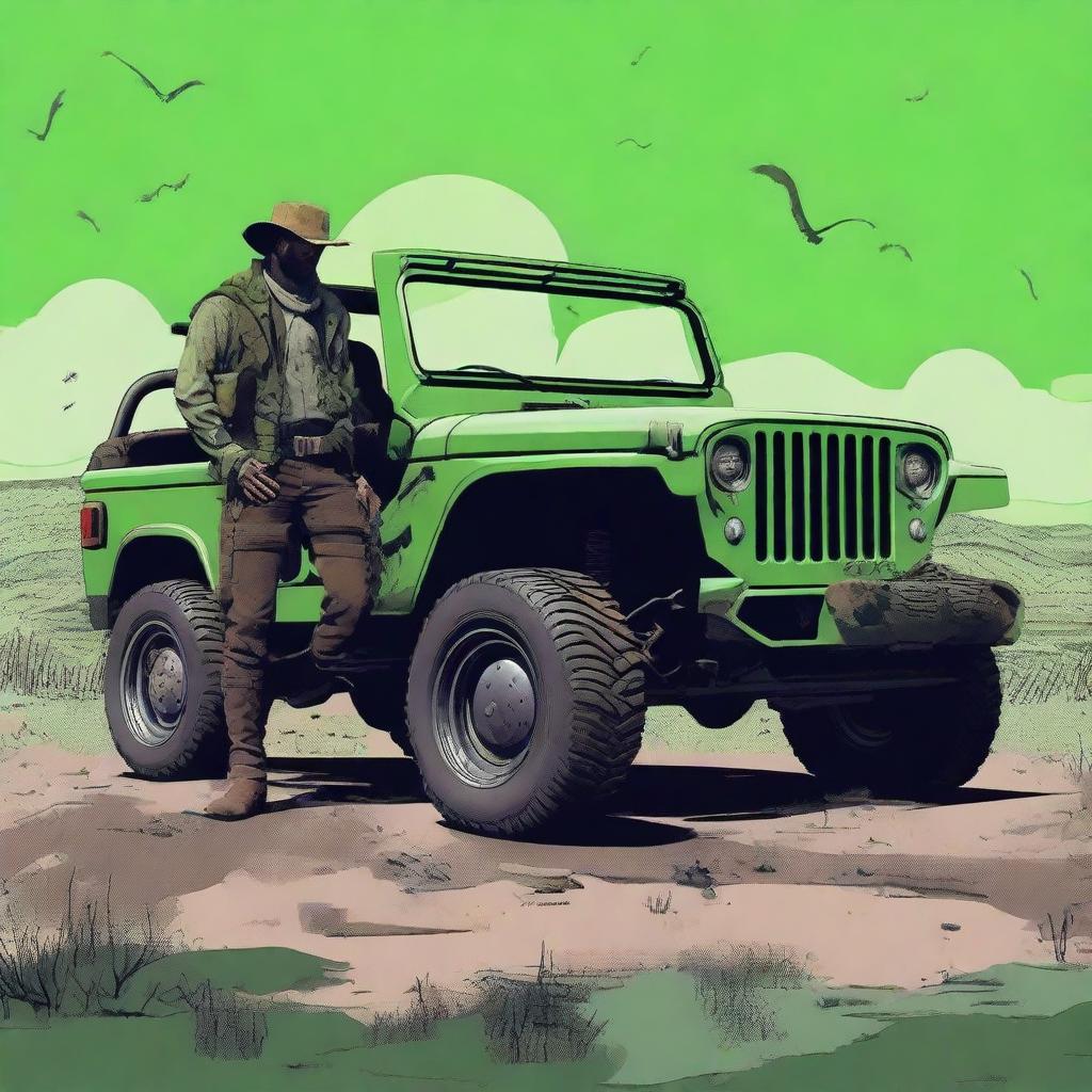 Generate an image depicting a post-apocalyptic war scene with a cowboy character and a green jeep