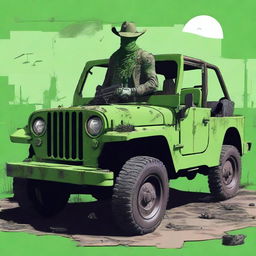 Generate an image depicting a post-apocalyptic war scene with a cowboy character and a green jeep