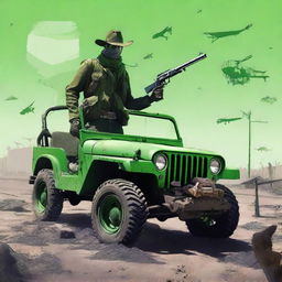 Generate an image depicting a post-apocalyptic war scene with a cowboy character and a green jeep