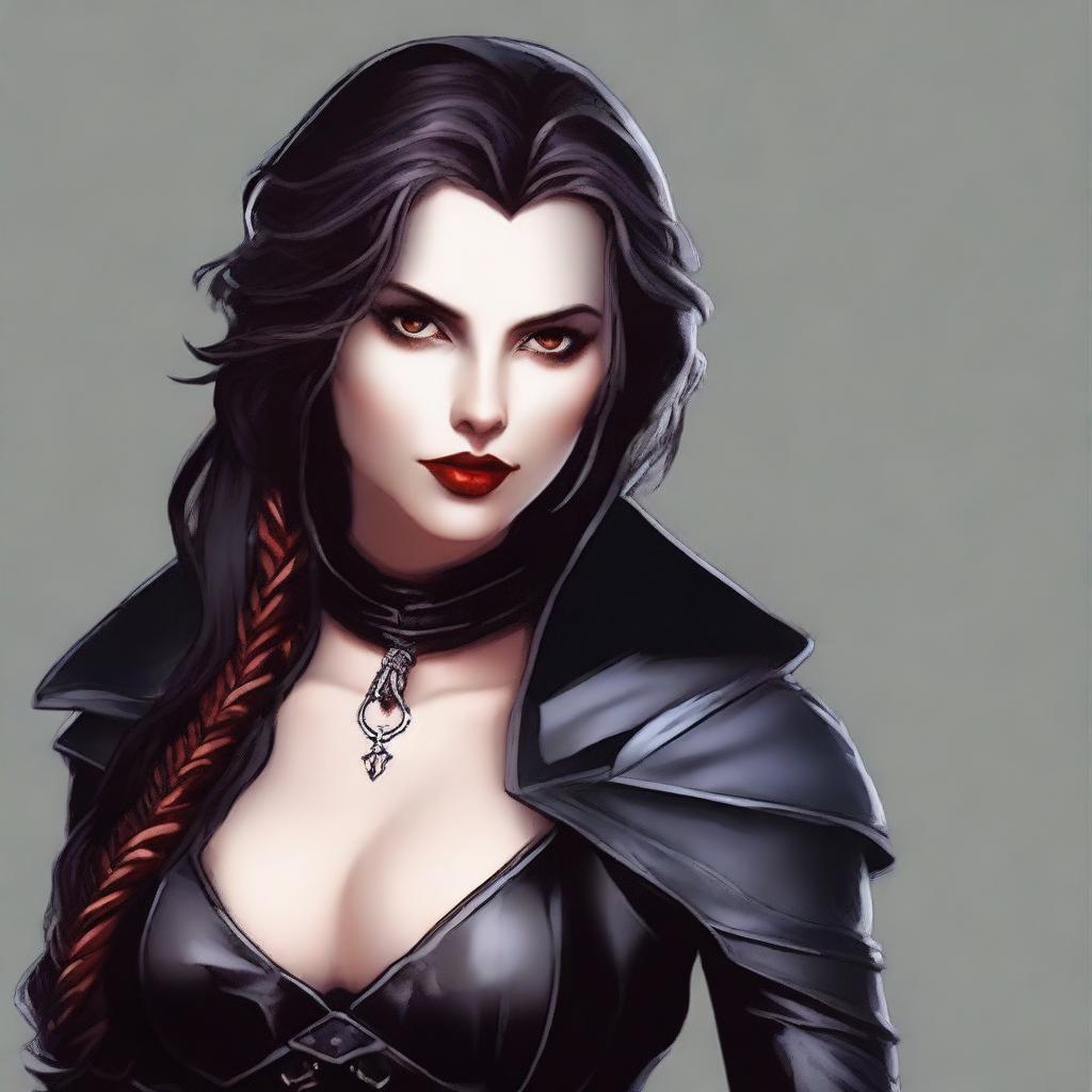 Generate an image of a sexy vampire rogue with medium length braided hair