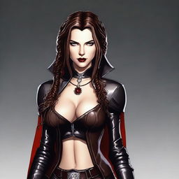 Generate an image of a sexy vampire rogue with medium length braided brown hair