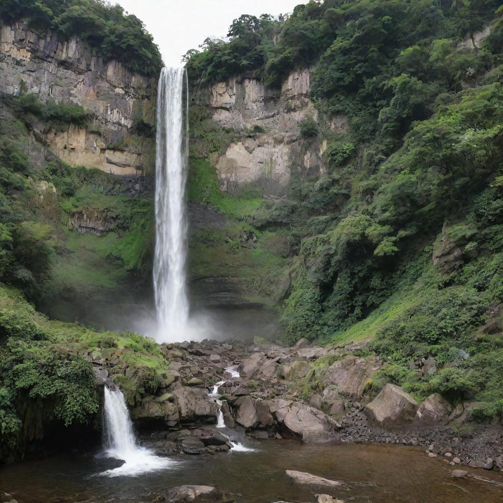 A majestic waterfall cascading down a rough, rocky cliff surrounded by verdant, lush greenery.