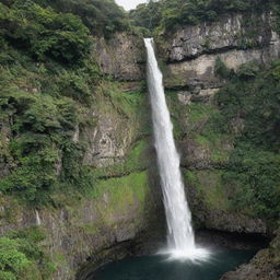 A majestic waterfall cascading down a rough, rocky cliff surrounded by verdant, lush greenery.