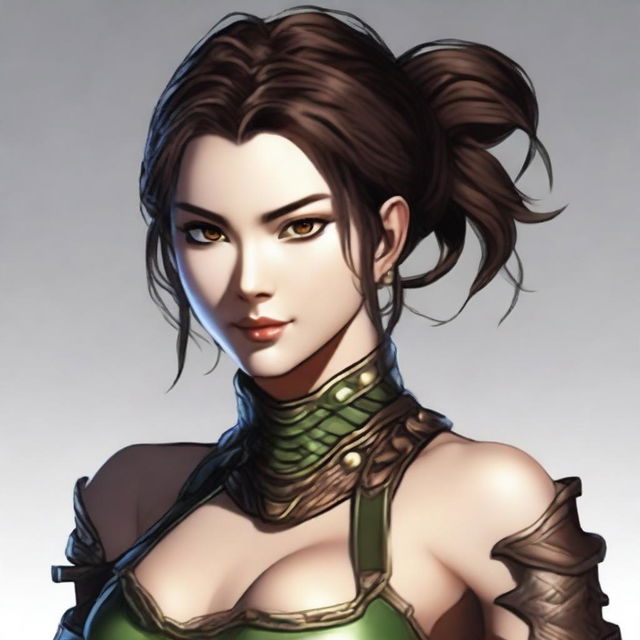 Create an image of a sexy Yuan-ti rogue with medium length braided brown hair