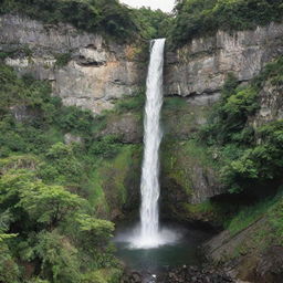 A majestic waterfall cascading down a rough, rocky cliff surrounded by verdant, lush greenery.