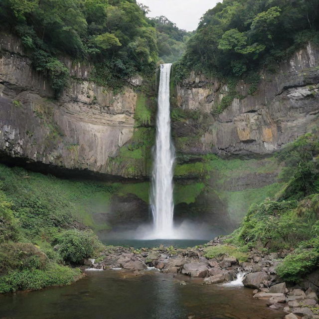 A majestic waterfall cascading down a rough, rocky cliff surrounded by verdant, lush greenery.