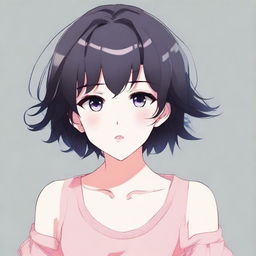 Generate an image of a blushing anime girl with short black hair