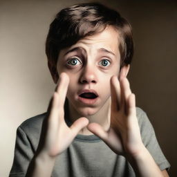A scared looking 12 year old boy is reaching out with one hand as if needing help or trying to touch something cautiously