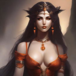 Generate an image of a sexy fallen Summer Eladrin lady sorceress