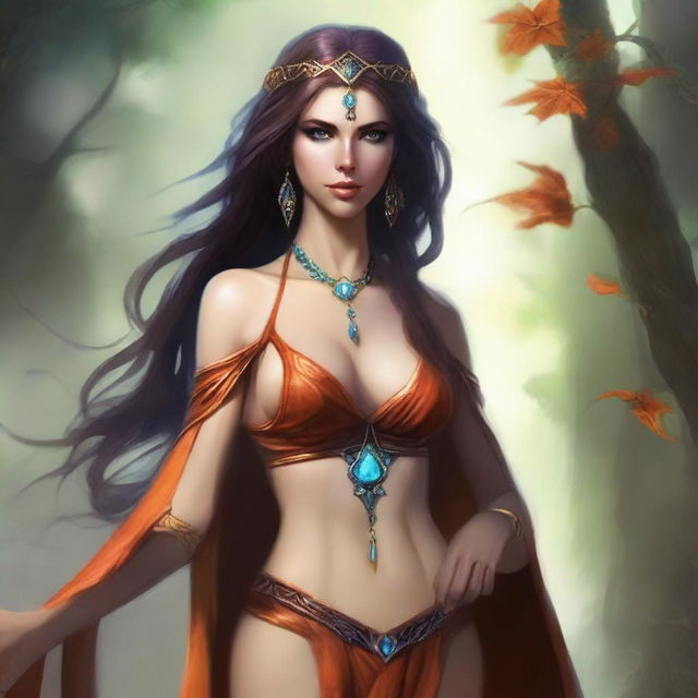 Generate an image of a sexy fallen Summer Eladrin lady sorceress