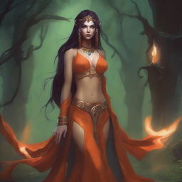 Generate an image of a sexy fallen Summer Eladrin lady sorceress