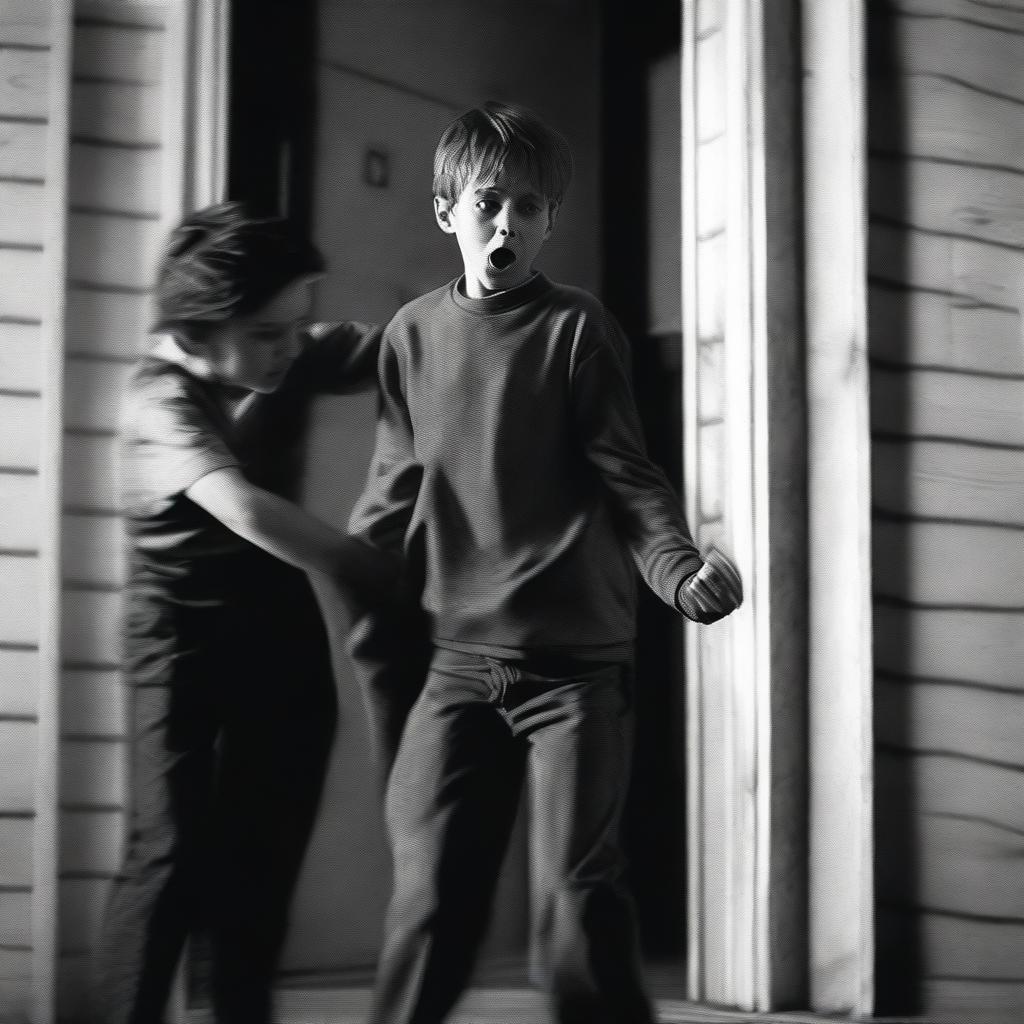 A scared looking 12 year old boy is reaching out with one hand after his dad who is being dragged out of the front door of a house by a man in a grey uniform